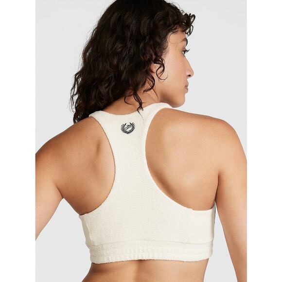 Pink by Victoria Secret Reverse Fleece Lounge Sports Bra Cream black Stripes Med - Picture 3 of 9